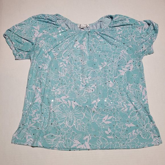 Rebecca Malone SS Blouse Teal White Flowers w/all Over Sequins - Size Large - Picture 1 of 4